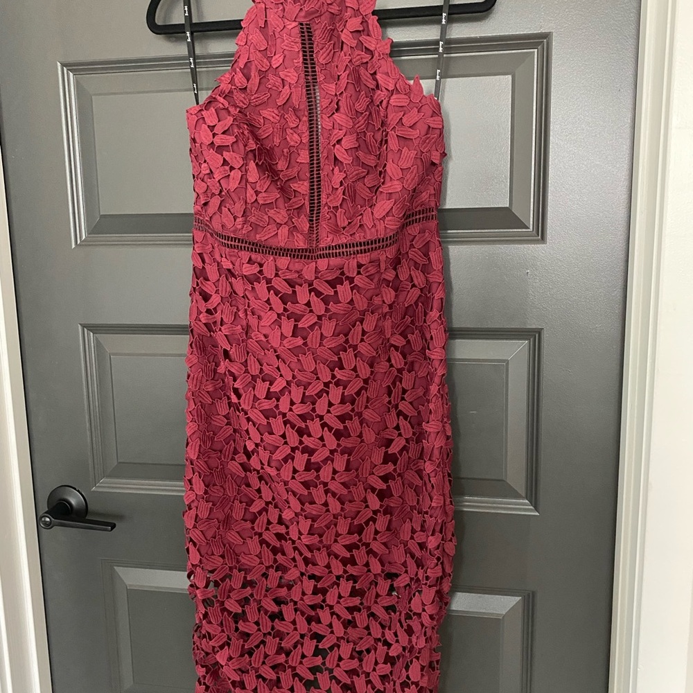 Burgundy/ Dark Red Lace Halter Cocktail Dress
